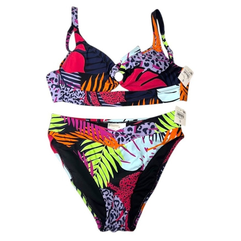 Bar III Palm Prowl Tropical Leopard Bikini Set Neon Floral O-Ring Small‎ NEW
